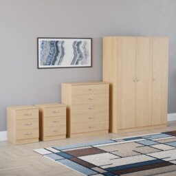 Vida Designs Riano 4 Piece Bedroom Set (2x 3 Drawer Bedside Chest, 5 Drawer Chest, 3 Door Wardrobe) - Pine