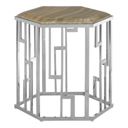 Stainless Steel Base Hexagonal Side Table, Natural Onyx Top Small Bedside Table, Contemporary Side Table Cream