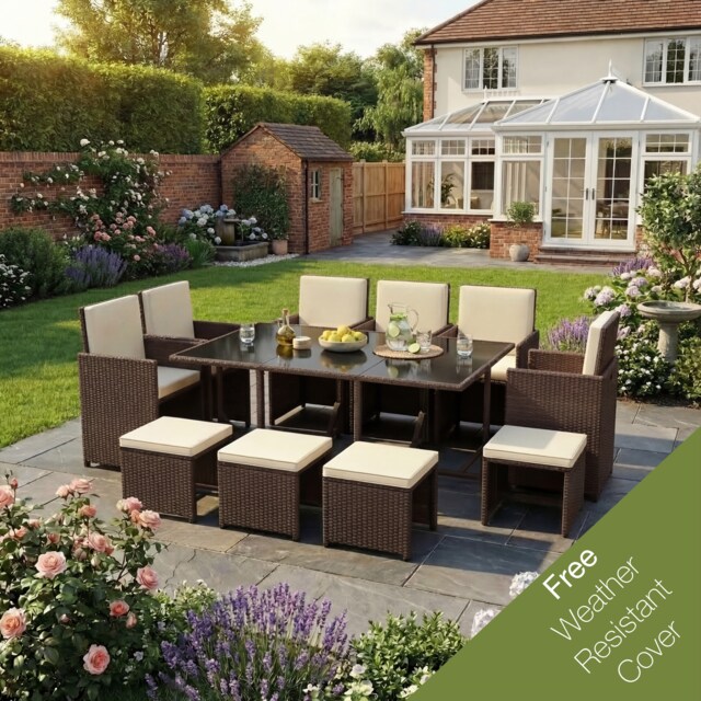 Garden Vida Cuba 10 Seater Rattan Set Folding Chair Stool Dining Table Outdoor Garden Furniture With Cover, Brown