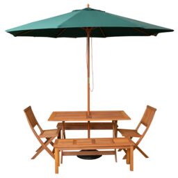 Outdoor 6 Person Rectangular Wooden Garden Dining Table, 2 Benches, Chairs with Green Parasol and Base Set