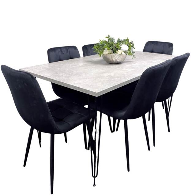 Grey Wooden Dining Table Hairpin Legs with 6 Black Velvet Chairs - Dining Kitchen Room Furniture