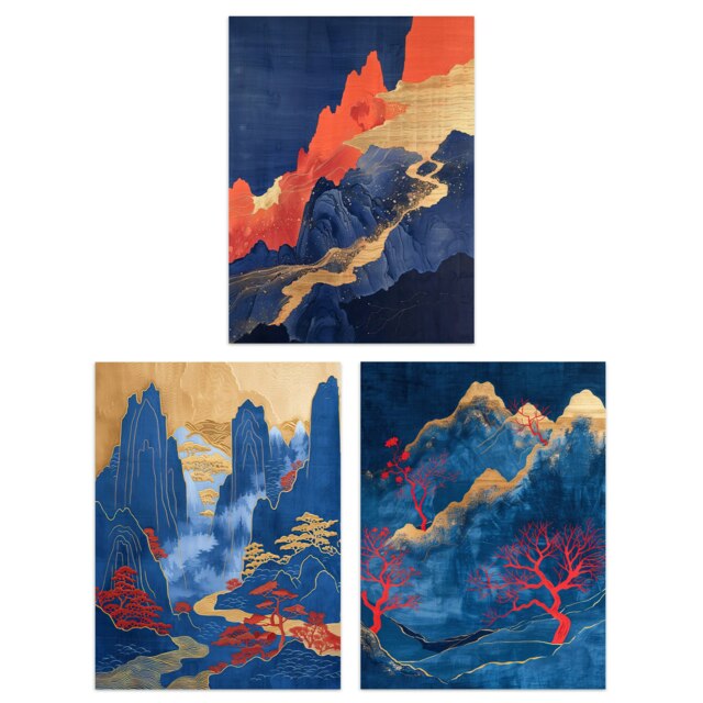 Set of 3 Gold Red Blue Chinese Mountain Landscape Living Room 12X16 Inch Wall Art Prints Pack