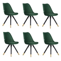 Set of 6 Sofia Ergonomic Modern Dining Chairs Upholstered in Velvet, Metal Legs with Gold End Tips Green