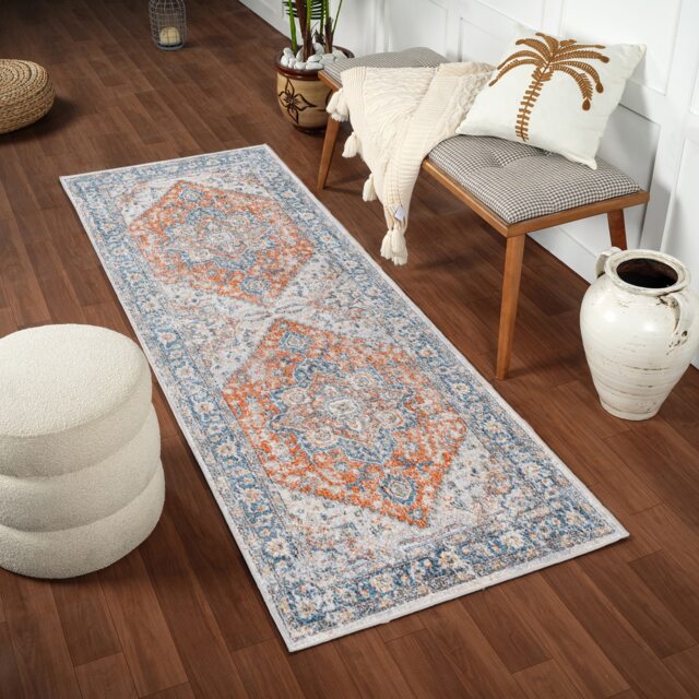 LIVABLISS Lillian-Washable Traditional Vintage Boho Rug 80 x 220 cm Blue Brown