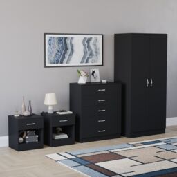 Vida Designs Riano 4 Piece Bedroom Set (2x 1 Drawer Bedside Chest, 5 Drawer Chest, 2 Door Wardrobe) - Black
