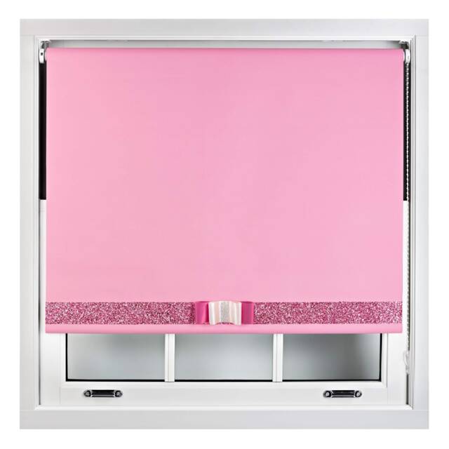 FURNISHED Blackout Roller Blind with Pink Glitter Trim and Fuchsia Bow Trimmable Window Shade Pink Pink 1 (W) 140cm x (L) 165cm