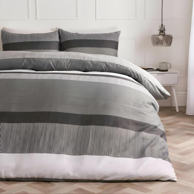 OHS Multi Stripe Bedding Set Microfibre Duvet Cover with Pillowcase Grey Double
