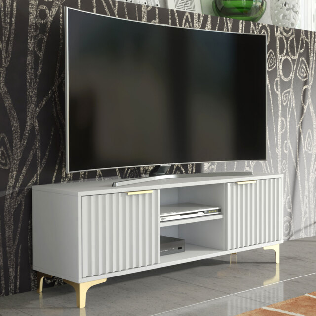 TV Unit Cabinet Media Cabinet Storage Stand White Fluted Doors Gold Legs 120cm