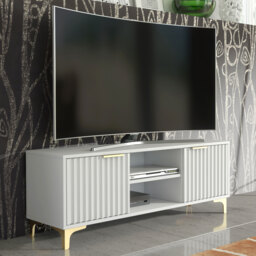 TV Unit Cabinet Media Cabinet Storage Stand White Fluted Doors Gold Legs 120cm
