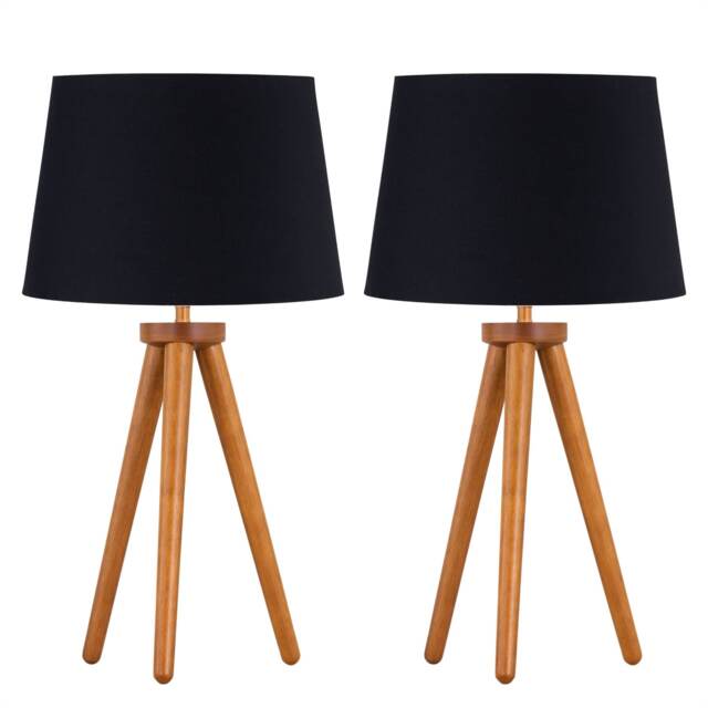 Set of 2 Dark Oak Table Lamp or Bedside Lights with Black Shades Brown Black Large 2