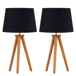 Set of 2 Dark Oak Table Lamp or Bedside Lights with Black Shades Brown Black Large 2
