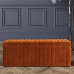150cm Wide Lux Ottoman Storage Box, Burnt Orange Velvet Upholstered Full Striped Storage Ottoman Box