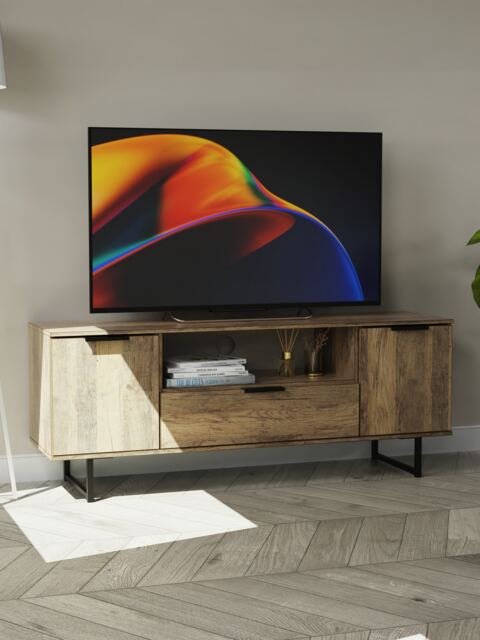 Beijing 2 Door 1 Drawer Wide TV Unit in Vintage Oak (Ready Assembled) Brown Vintage Oak