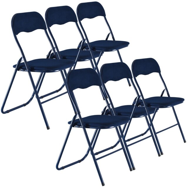6 Pc Folding Lightweight Chair Set Portable Metal Frame PVC Velvet Ribcord Seats Multi Blue Ribcord