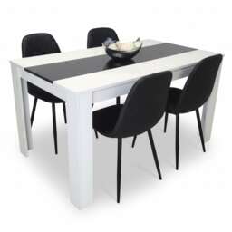 Dining Table and 4 Chairs White Black Wood 4 Faux Leather Black Chairs Dining Room