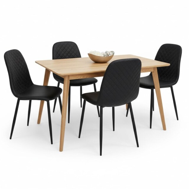 Rectangle Oak Effect Kitchen Dining Table With 4 Black Faux Leather Padded Chairs Dining Set