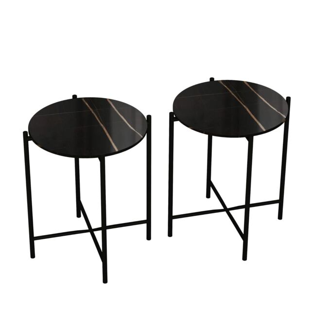 Set of 2 Pcs Marble Effect Tops Square Round Side End Coffee Table Metal Frame Black Black Round 1
