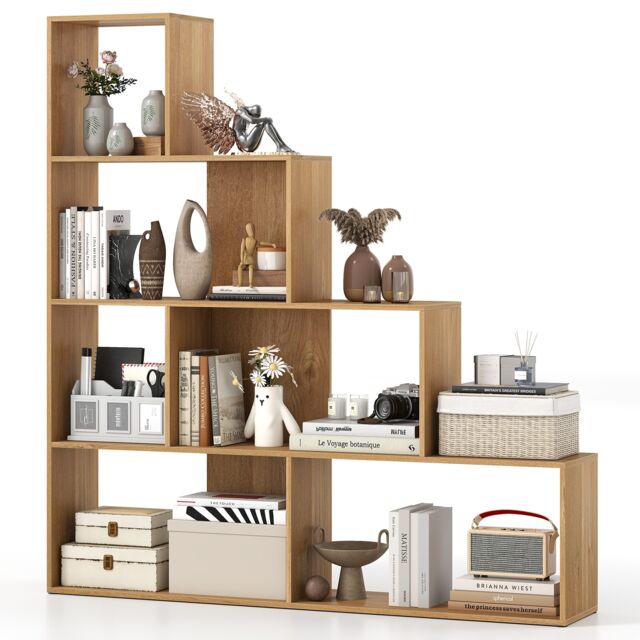 COSTWAY 4 Tier Stepped Bookshelf Modern Ladder Bookcase 6 Storage Cubes Natural