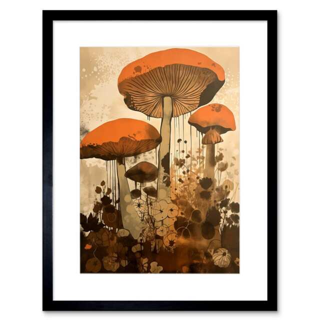 "Red Mushroom Fungi Earthy Pastel Cottage Core 9x7"" Black Framed Wall Art Print"