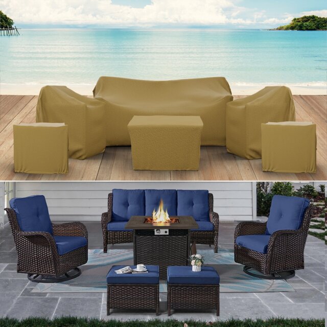 Covers&All Patio Furniture Cover Set, 6-Piece Water-Resistant, UV & Fade-Resistant Outdoor, 1 sofa cover, 75 in W x 35 in D x 35 in H, Beige