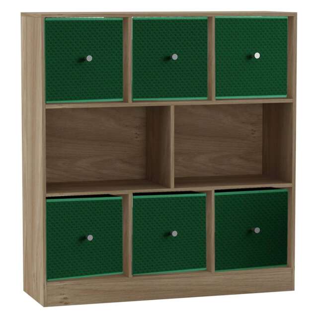 Asymmetrical 8 Cube Bookcase Unit w/ 6 Drawer Inserts Brown Oak & Green 8