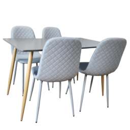 Dining Table Set of 4 Wooden Grey Table with 4 Grey Gem Patterend Chairs