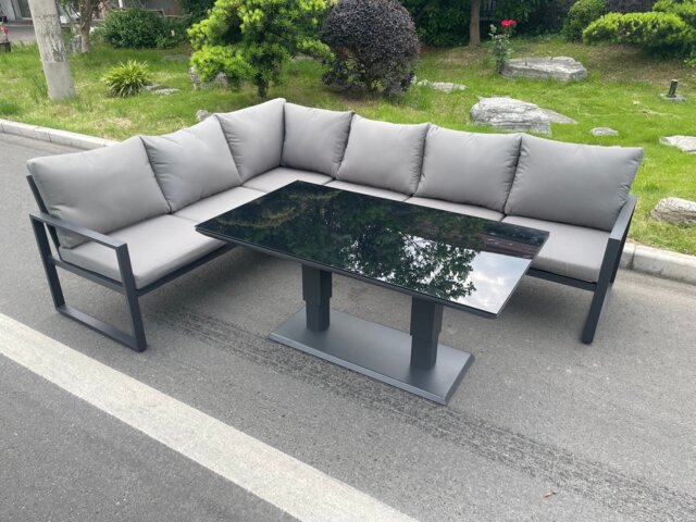 Fimous Aluminum Outdoor Garden Furniture Corner Sofa Adjustable Rising Lifting Dining Table Sets Dark Grey Black Tempered Glass 6 Seater