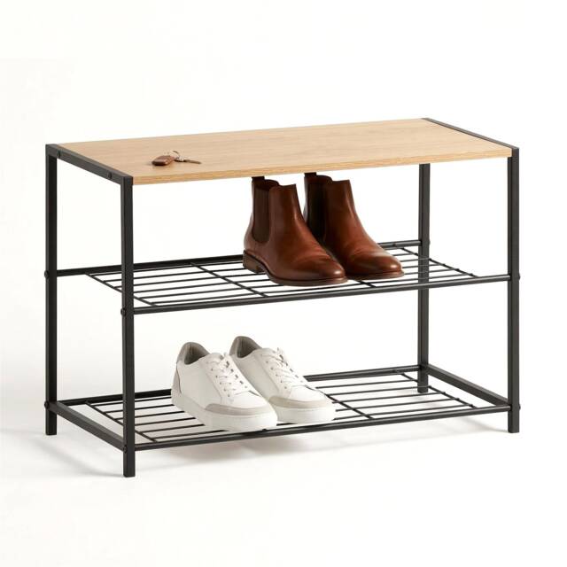 GEEZY 2 Tier Shoe Rack Brown Wood Storage Organizer Stand Brown