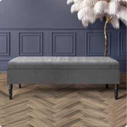 90cm Safar Plain Ottoman Storage Bench -Naples Shoes Bench with Black Turned Wooden Legs - Dark Grey Upholstery Footstool Storage