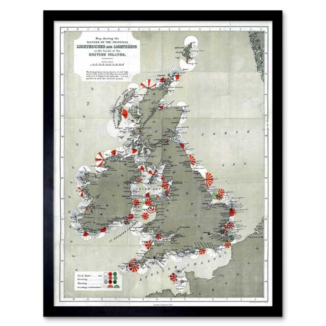 Map Antique 1884 Price Lighthouses Lightships British Isles Framed Wall Art Print