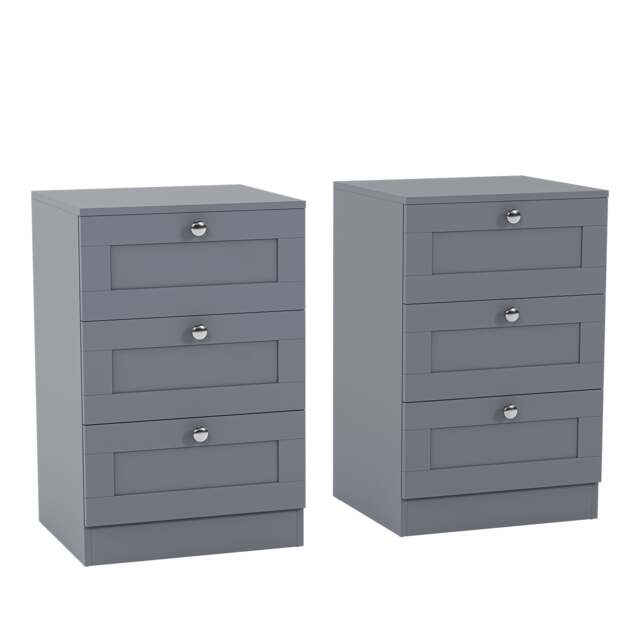 Vida Designs Altino 3 Drawer Bedside Chest Set Of 2, Grey