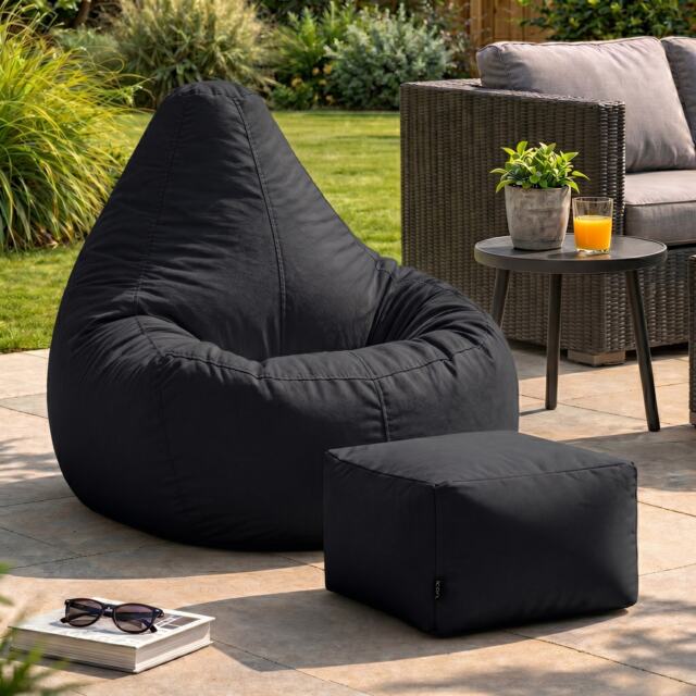 Icon Dalton Adults High Back Indoor Outdoor Bean Bag Chair & Footstool Pouffe, Black