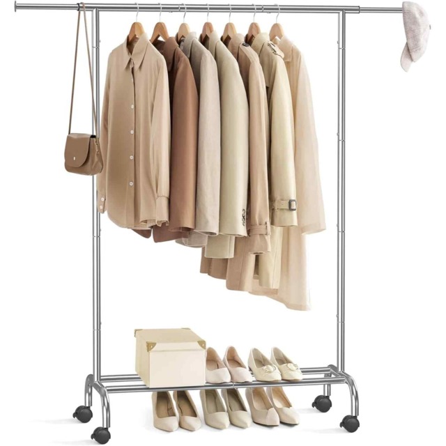 Mobile Clothes Rack with Extendable Hanging Rail, Rolling Garment Organiser for Bedroom and Laundry, Silver