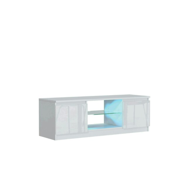TV Unit 120cm White Gloss Doors White Matt Body Glass Shelf Free LED White One Size 1