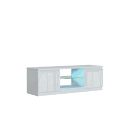 TV Unit 120cm White Gloss Doors White Matt Body Glass Shelf Free LED White One Size 1