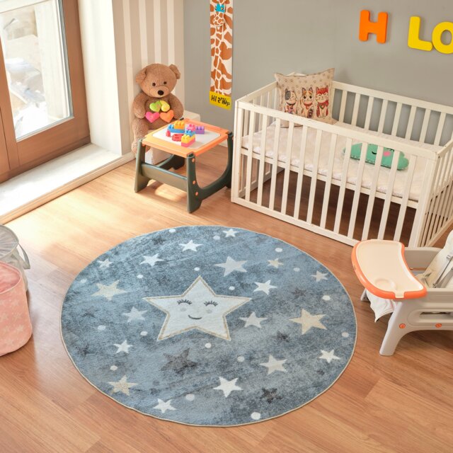 LIVABLISS Lillian-Kids Washable Round Rug Ø160 cm Blue Grey Beige Yellow
