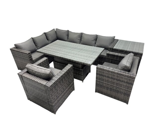 Fimous 8-seater Height Adjustable Rising Lifting Table Corner Sofa Set Rattan Garden Furniture Dining Set with Side Table Dark Grey Mixed