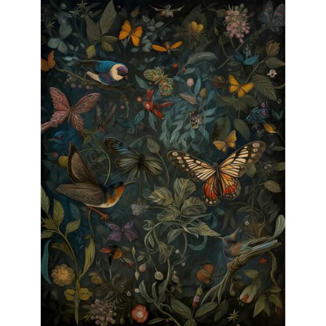 Ornamental Birds Butterflies Plant Lover Forest Spring Large Wall Art Print 18x24 Inch Multi