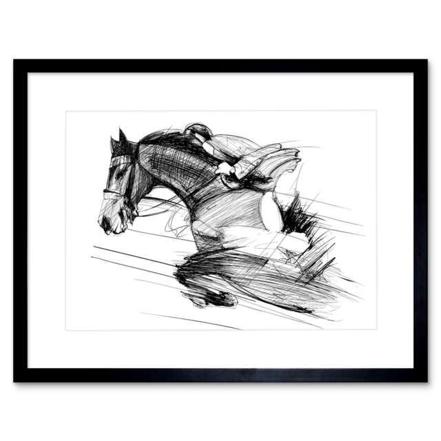 "Racing Horse Jockey Race Black White Sketch Drawing 9x7"" Black Framed Wall Art Print"