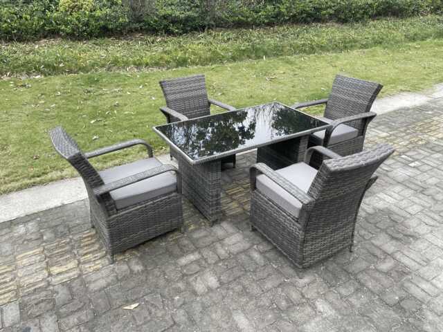 Fimous 4 Seat Rattan Garden Furniture Dining Set Table And Chair Sets PE Wicker Patio Outdoor 4 Chairs Black Tempered Glass Table