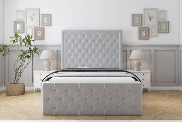 "Sloomy Vienna Silver Plush Bed Frame With Mattress With 50"" Upholstered Headboard 4' Small Double"