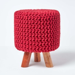 Homescapes Red Tall Cotton Knitted Footstool on Legs Red 32 x 32 x 42 cm