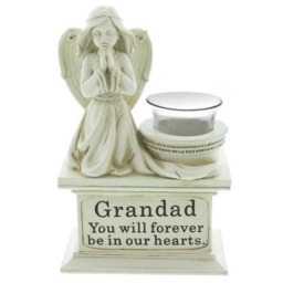 Graveside Memorial Angel Cherub Praying Kneeling with Glass T Lite Holder Cream Stone Finish - Grandad
