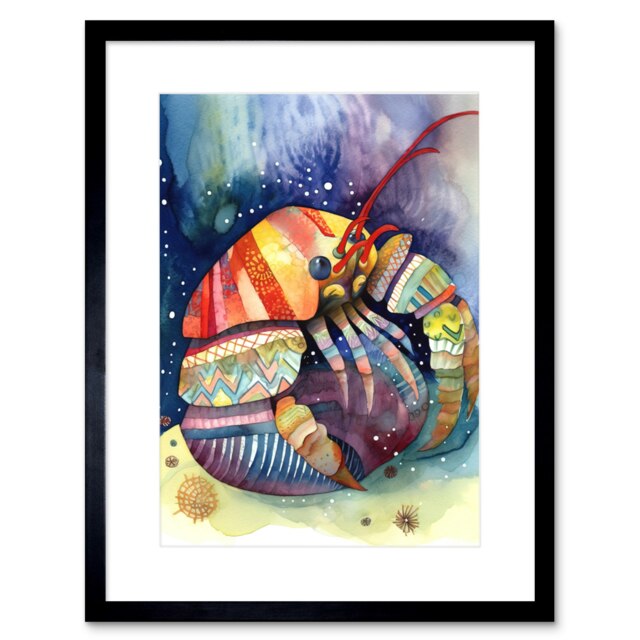 "Hermit Crab Folk Art Watercolour Painting 9x7"" Black Framed Wall Art Print"
