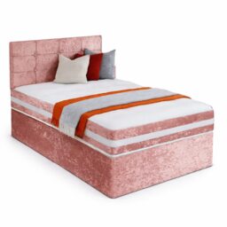 4ft Small Double Pink Crushed Velvet Divan Bed Set Orthopaedic Mattress with Cube Headboard 2 Drawers One Each Side