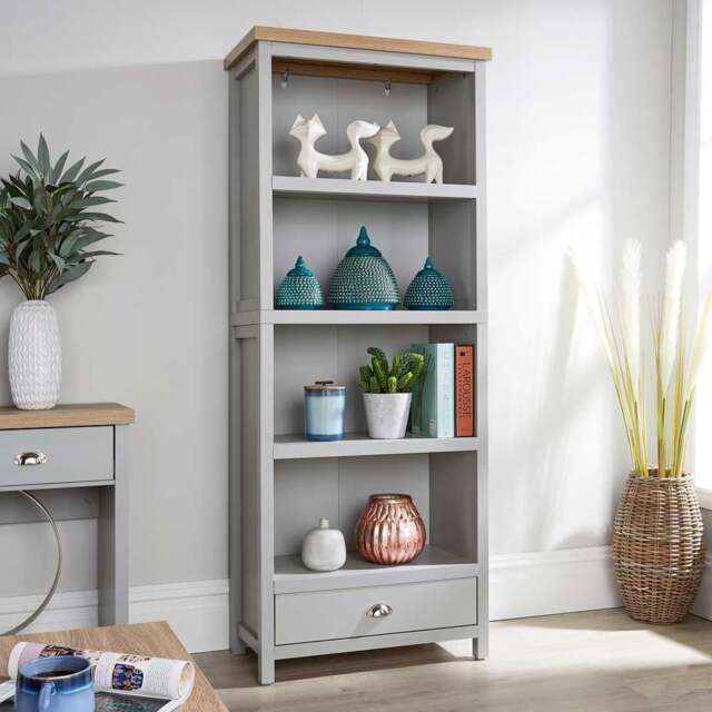 Grey Oak Tall Bookcase Display Unit 4 Bookshelves Storage Drawer Metal Handles
