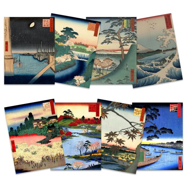Pack of 8 Japanese Woodblock Utagawa Hiroshige Ukiyo-e Wall Art Print Poster Home Decor Premium 12x16 Inch