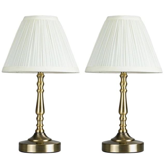 ValueLights Sienna Pair Antique Brass Touch Table Lamps Pleat Cream Shades and Bulbs