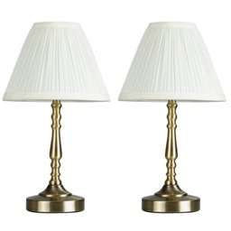 ValueLights Sienna Pair Antique Brass Touch Table Lamps Pleat Cream Shades and Bulbs