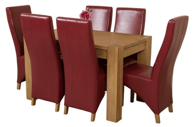 Kuba 125 x 80 cm Chunky Oak Small Dining Table and 6 Lola Leather Chairs Red Red